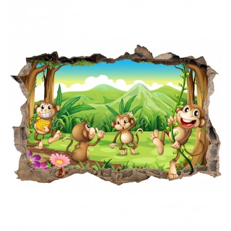 Stickers 3D trompe l'oeil Animaux de la jungle singes
