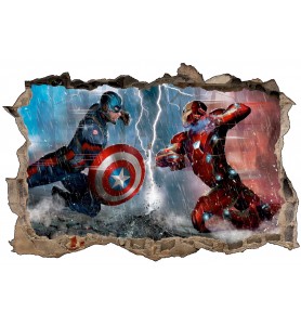 Stickers trompe l'oeil Captain américa VS Iron Man