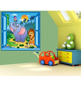 Sticker enfant fenêtre trompe l'oeil éléphant lion perroquet