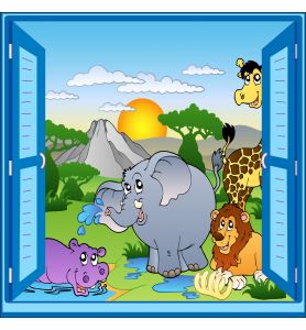 Sticker enfant fenêtre trompe l'oeil animaux safari