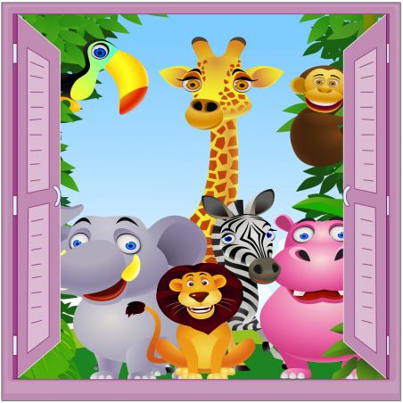 Sticker enfant fenêtre trompe l'oeil animaux de la jungle